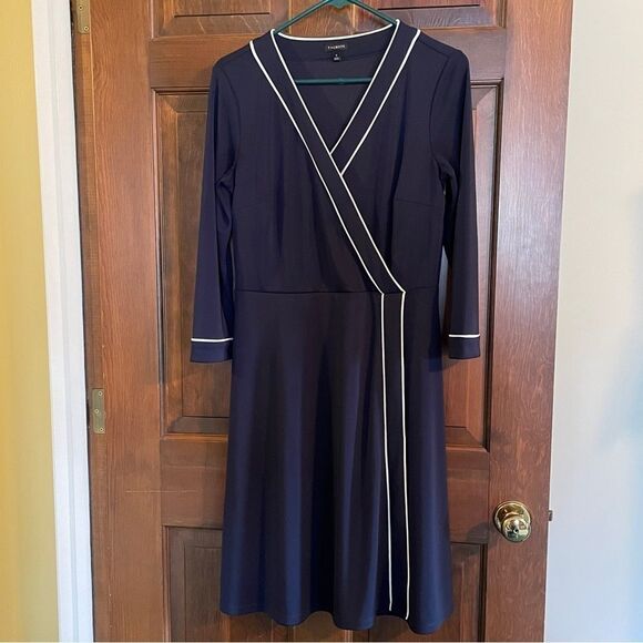 TALBOTS Navy with white contrast piping trim faux wrap dress, fully lined, sz S - Picture 2 of 15